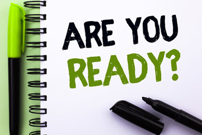 Text sign showing Are You Ready Question. Conceptual photo Be Prepared Motivated Warned Readiness Aware written on Notebook Book on the Green background Marker and Pen next to it.