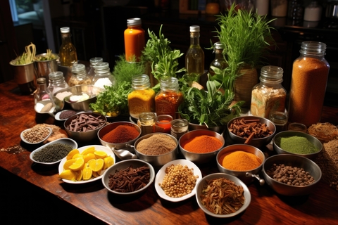 spices and food needed to prepare food showing mise en place